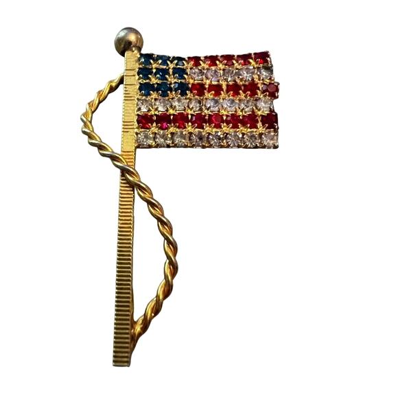 Gold Tone Rhinestone Flag Pin - Picture 1 of 5
